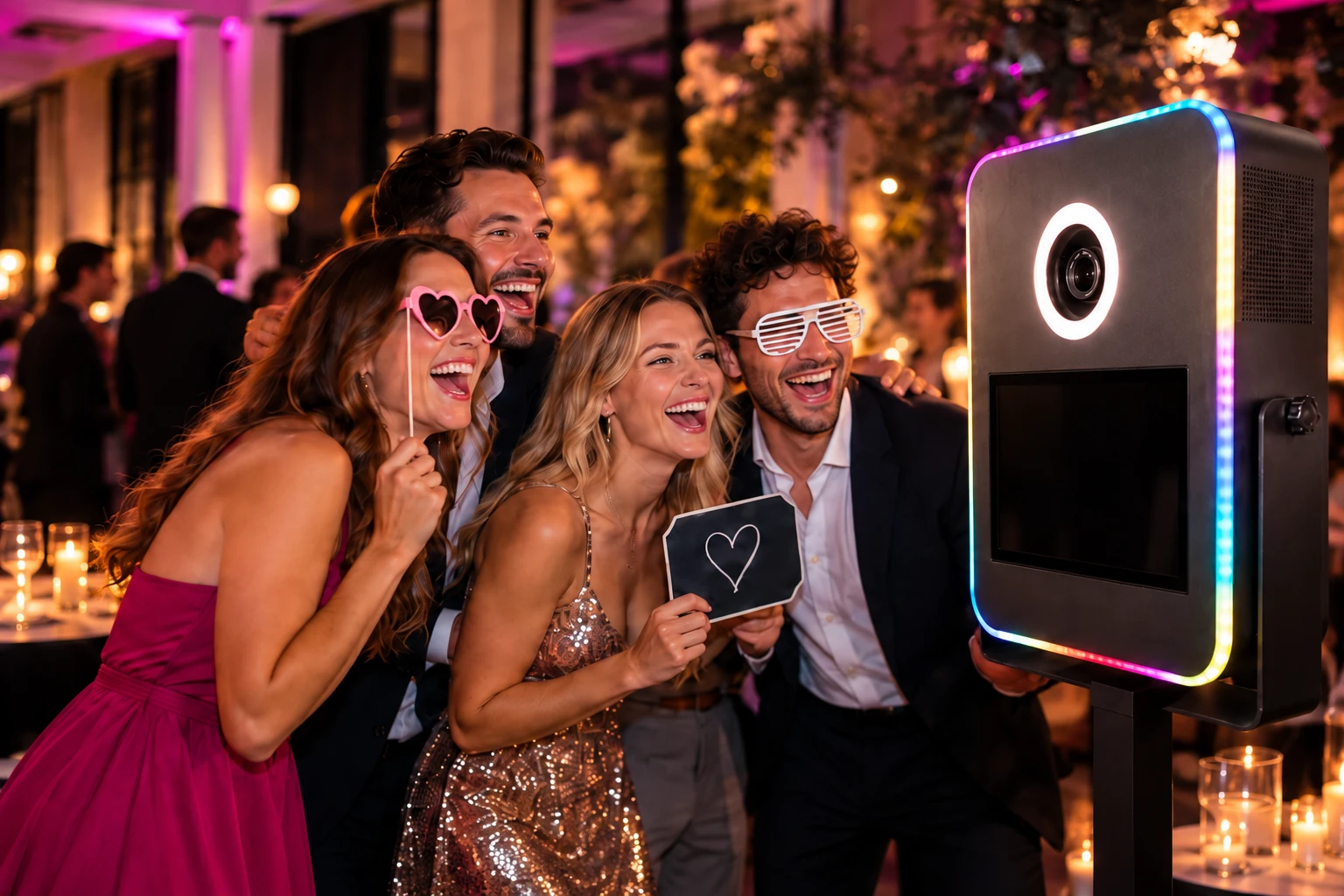 Vier Gäste feiern mit einer Fotobox mit LED-Beleuchtung.
